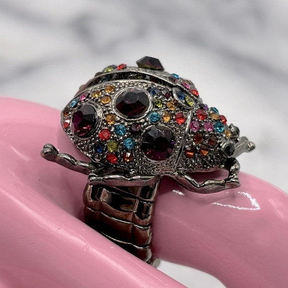 Gunmetal, Silver tone & Multi Crystal Chunky Ladybug Insect Stretch Band Ring - Picture 4 of 7